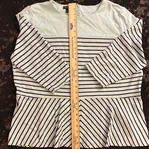 Talbots Woman 2X XXL Light Blue Black Striped blouse 3/4 sleeve Zip Back Peplan - Picture 4 of 10